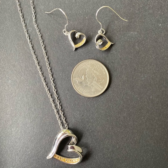 * Yellow diamond heart earrings and necklace set, rhodium/brass - Picture 1 of 5
